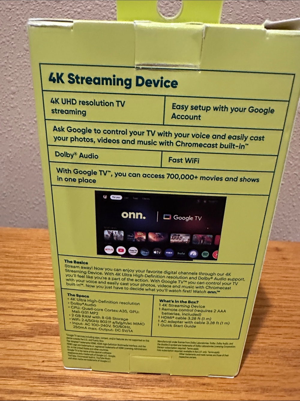Onn. 4K Streaming Device - Lime Green Box with Black Device Image - Picture 2 of 2